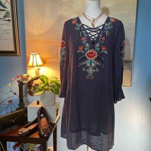 Umgee Navy Floral Embroidered Midi Dress